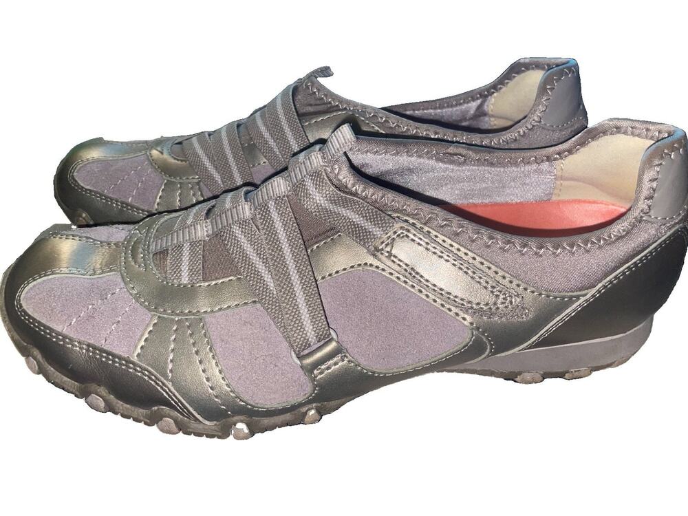 Skechers Shoes Womens Size 9.5 Leather Biker Hot Ticket Gray Pink Walk Sneakers